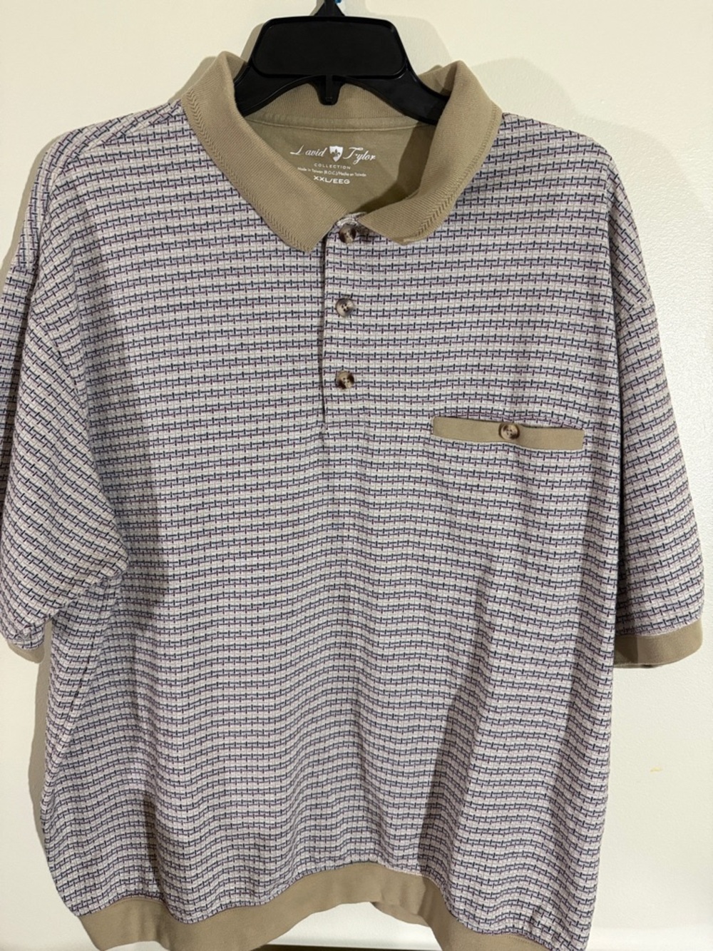 David Taylor Beige and Navy Micro-Check Polo Shirt